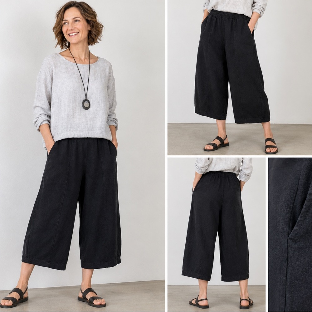 Eleven Stitch Design Womens Medium Black Wide Leg Crop Pants Pockets Elastic USA